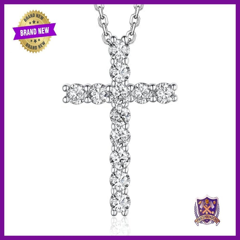 Sterling Silver Moissanite Cross Pendant Necklace 18"+2" Chain